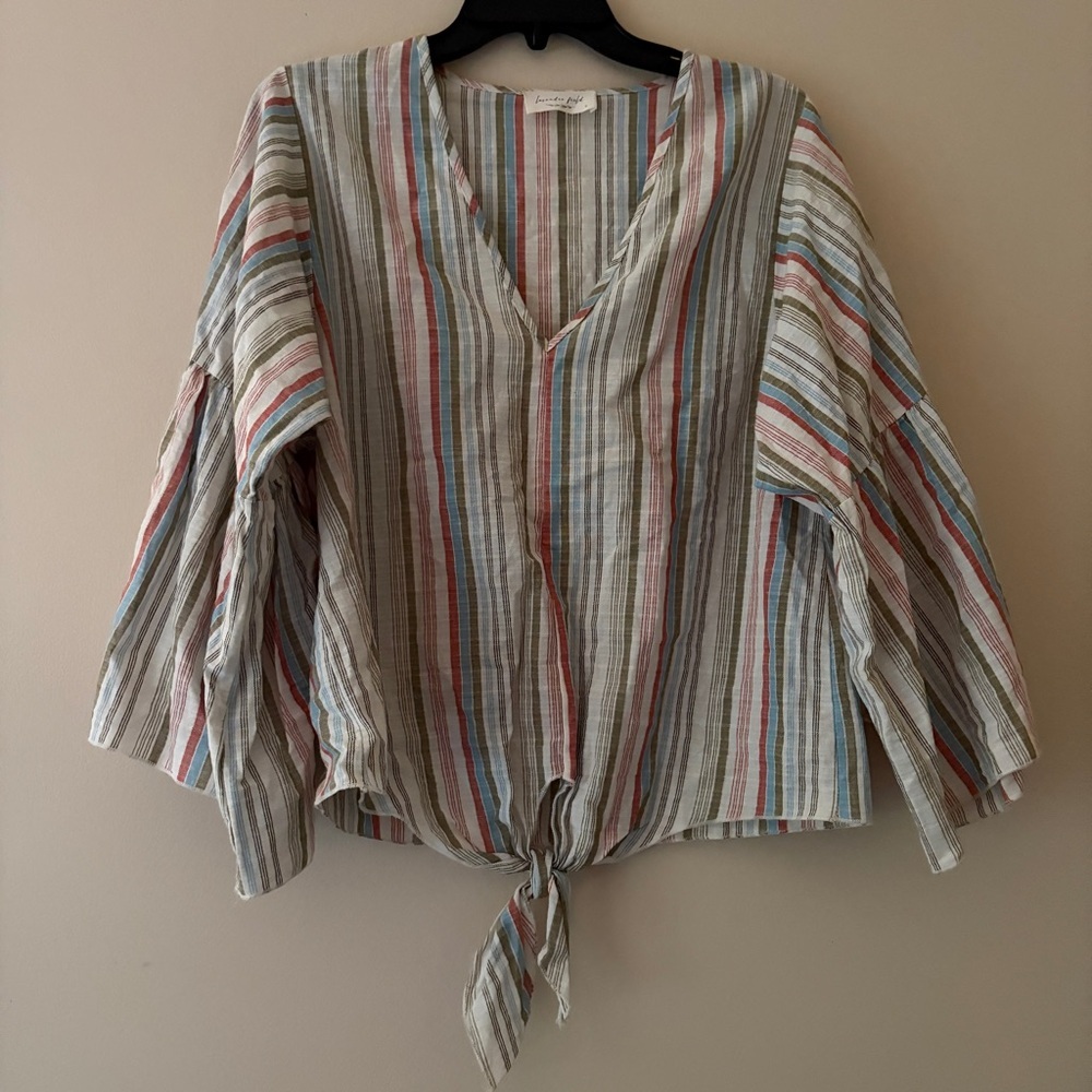 Lavender Field Striped Tie Front Blouse Small Boho Wide Sleeve Crop Top